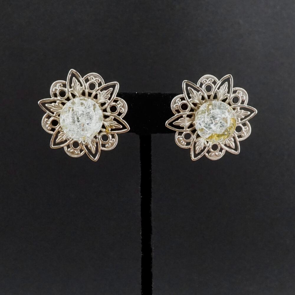 Vintage Crackle Glass Filigree Clip-On Earrings Floral Clear Silver Tone Retro